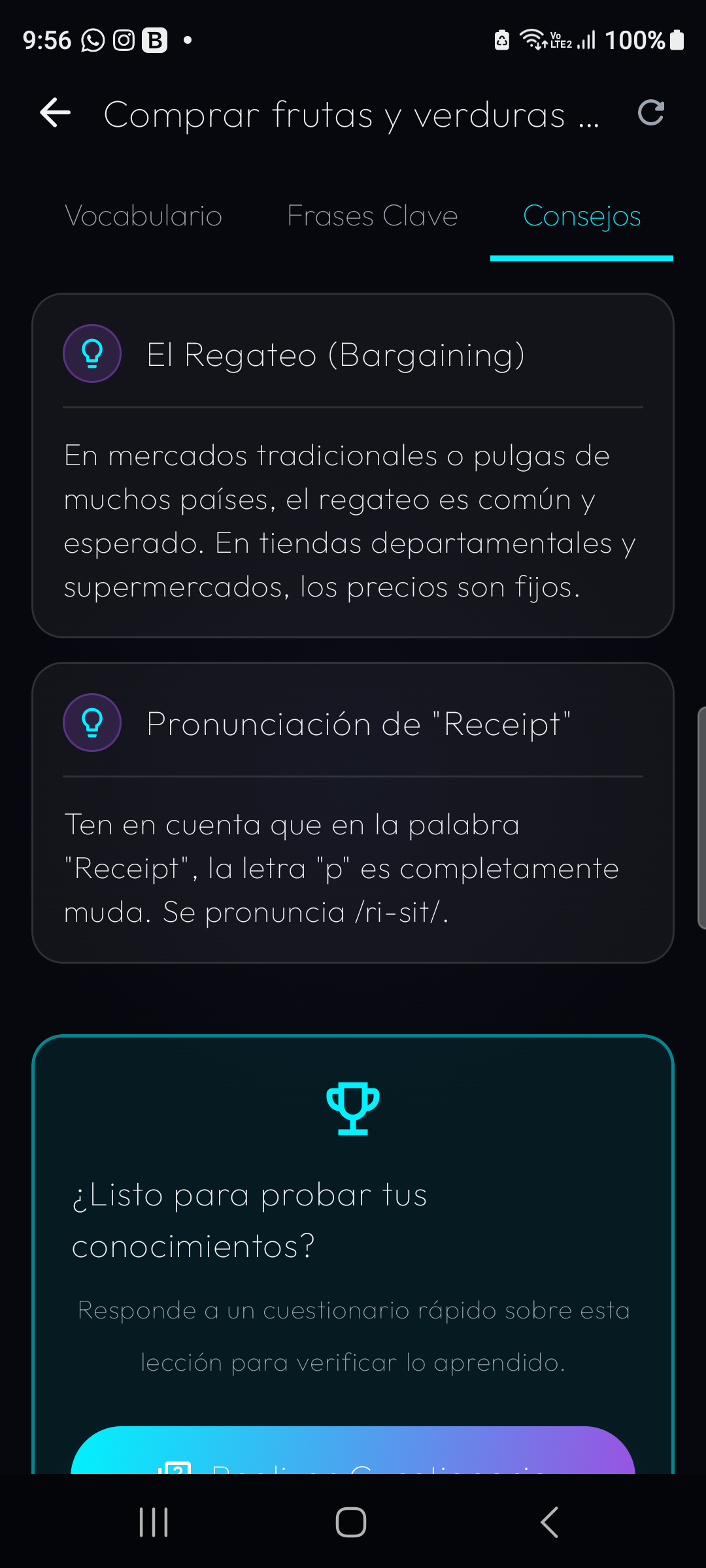 Pantalla con consejos culturales y de pronunciación para una lección