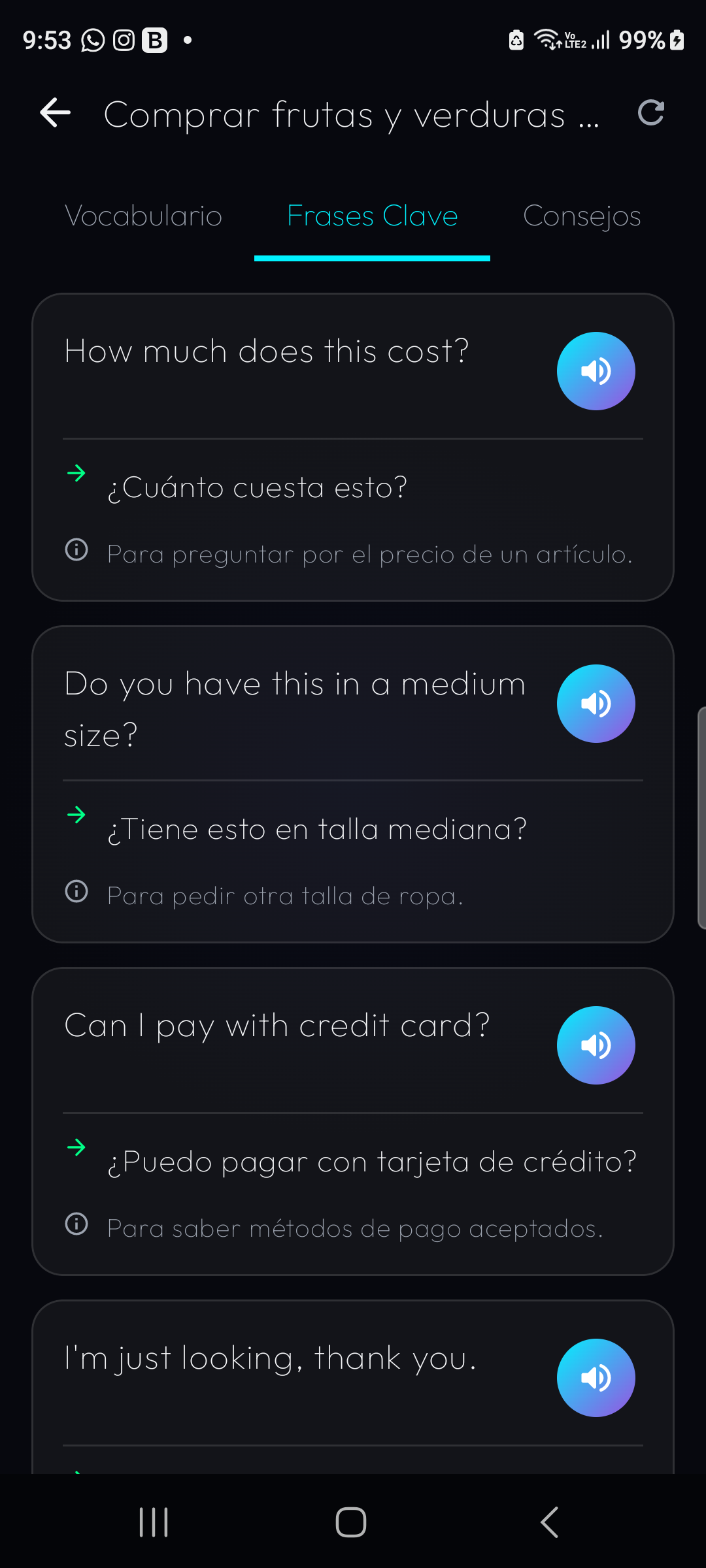 Pantalla de frases clave con audio, traducción y contexto de uso