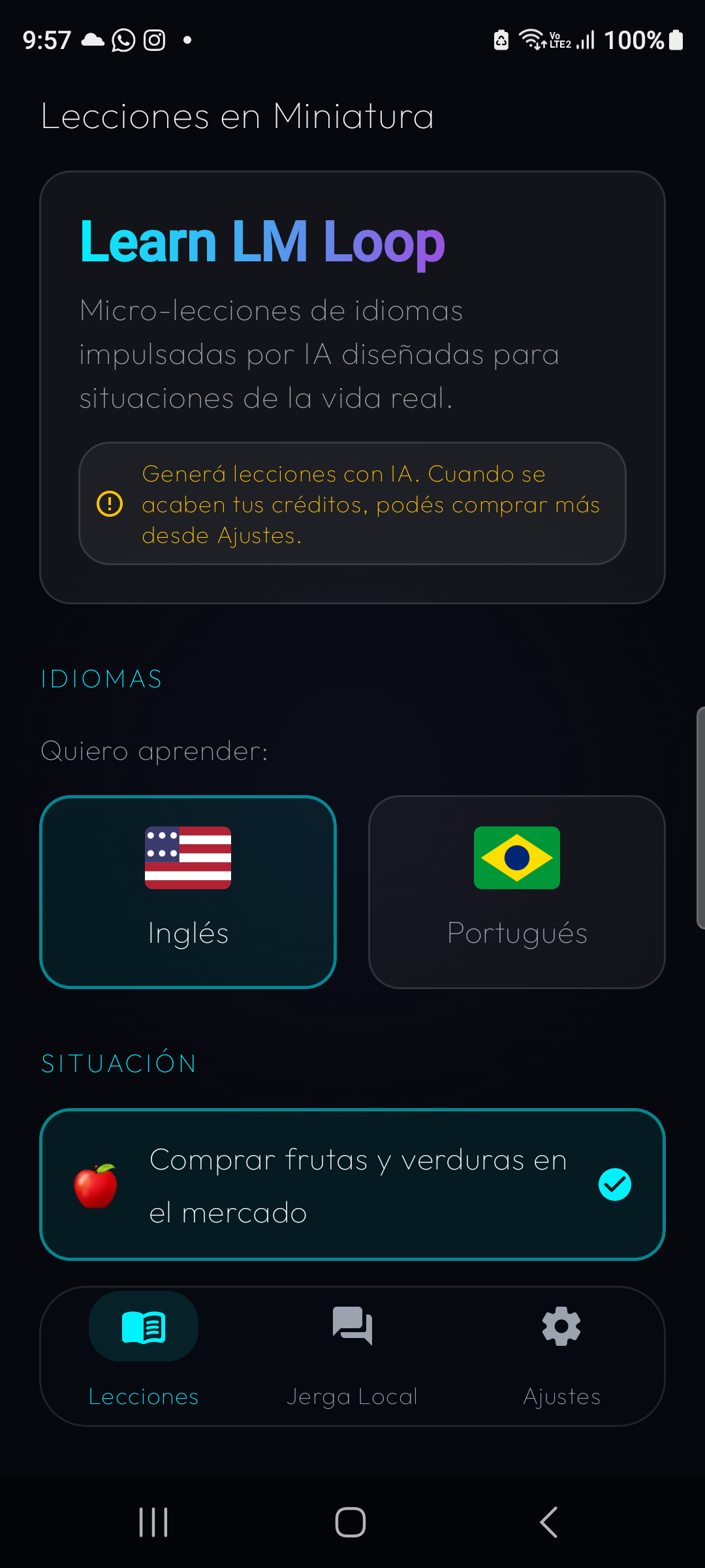 Pantalla para elegir inglés o portugués y la situación que se quiere practicar