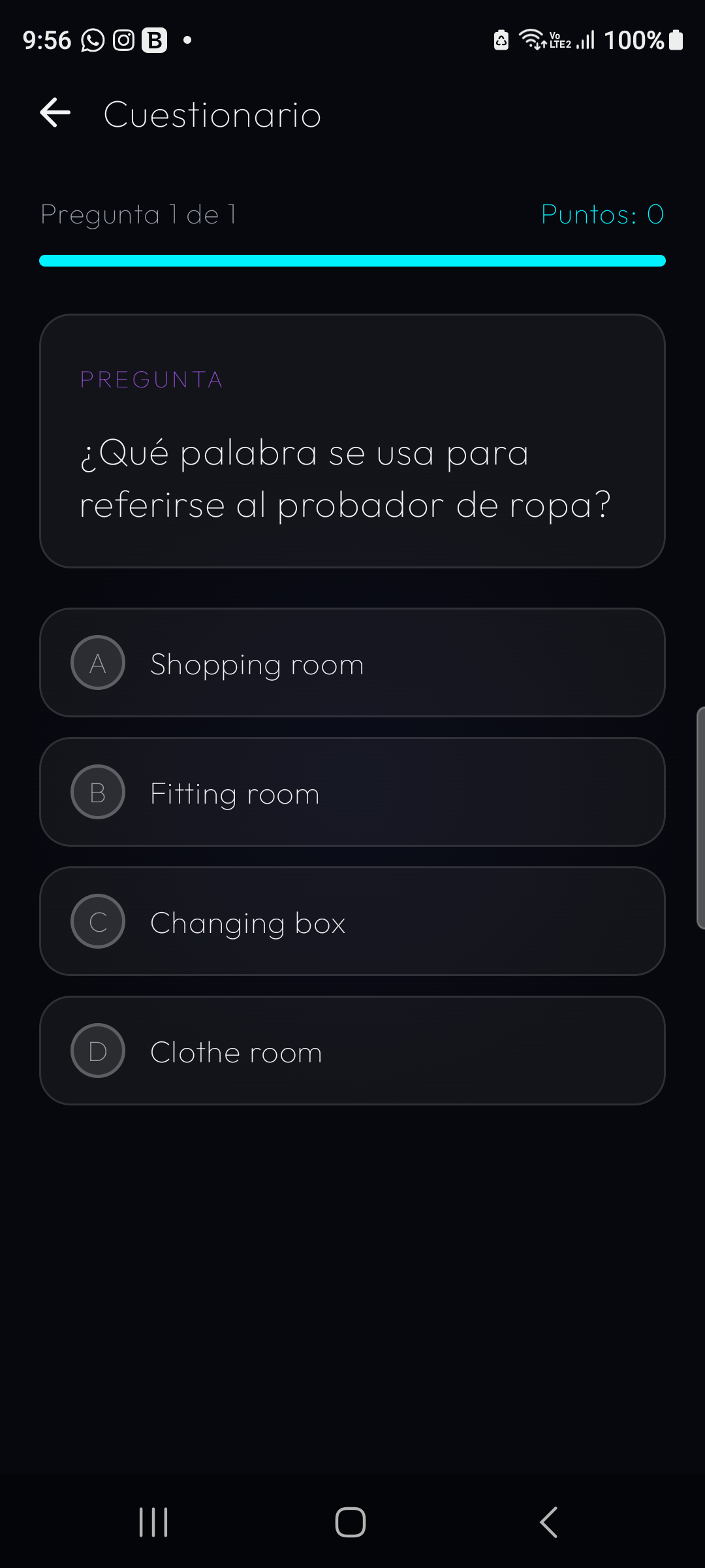 Pantalla de quiz para comprobar lo aprendido al terminar una lección