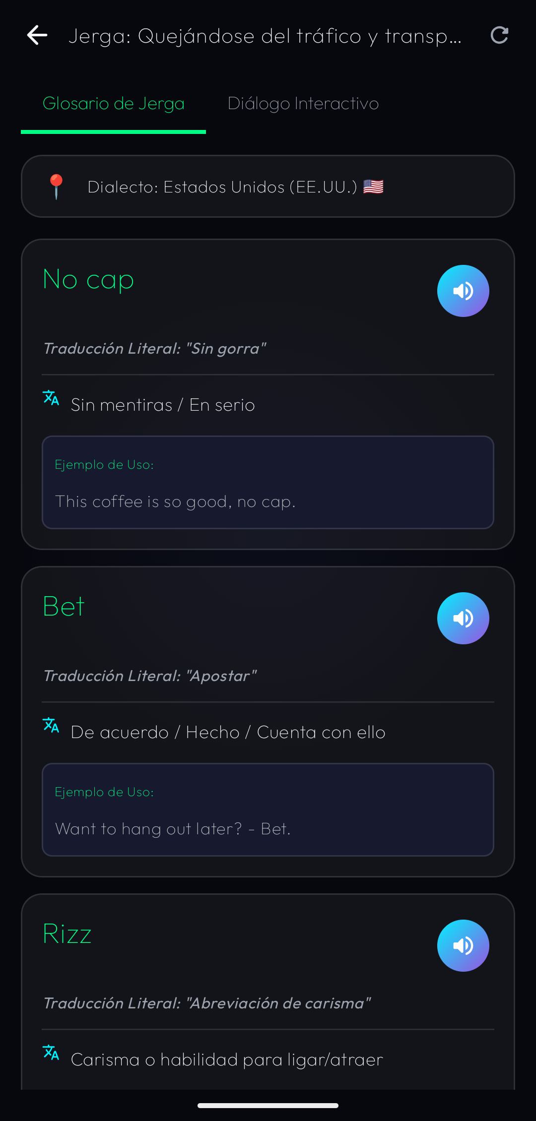 Pantalla con expresiones y jerga regional explicadas