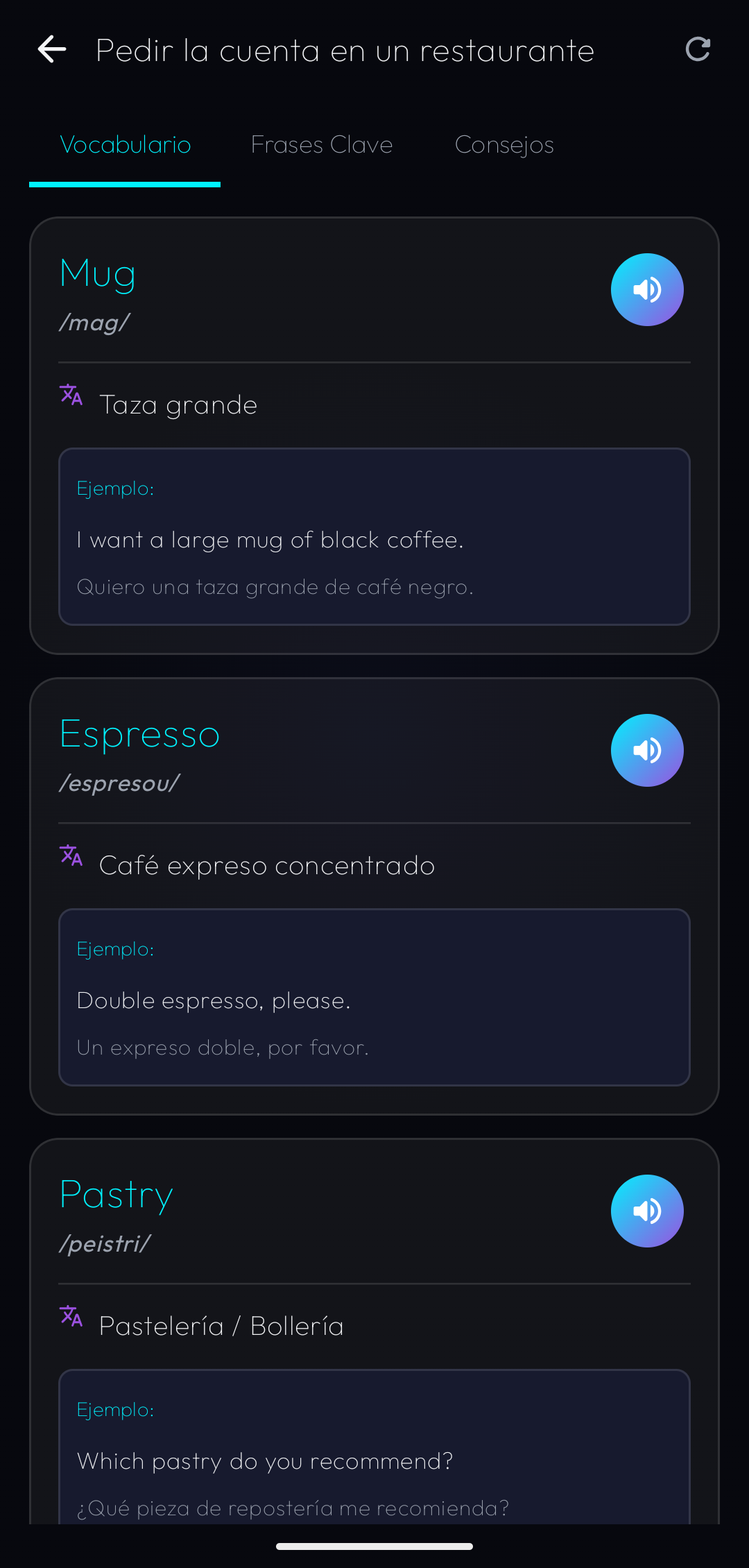 Pantalla de vocabulario con pronunciación, traducción y ejemplos